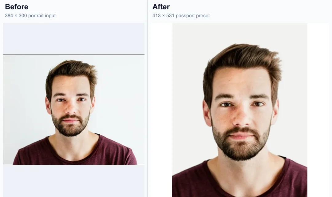 Portrait converted into a 413 by 531 UK passport photo preset