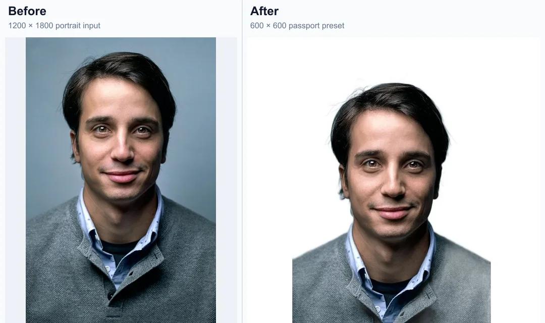 Before and after example of Fogkits converting a portrait into a US passport photo
