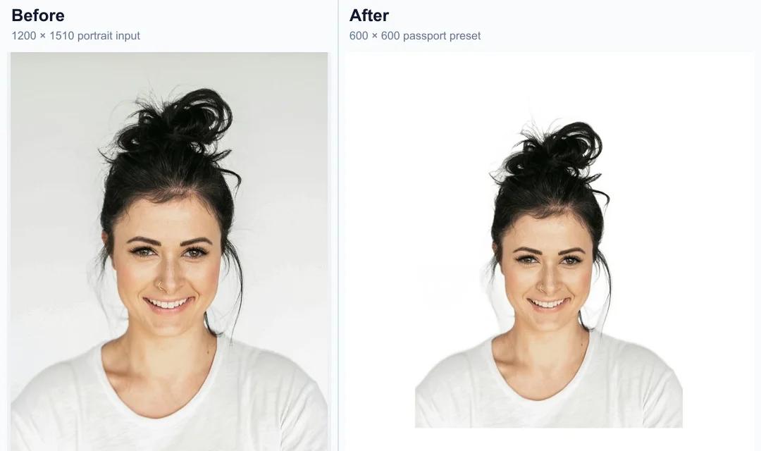 Example of a portrait reframed for a passport photo that should be retaken with a neutral expression