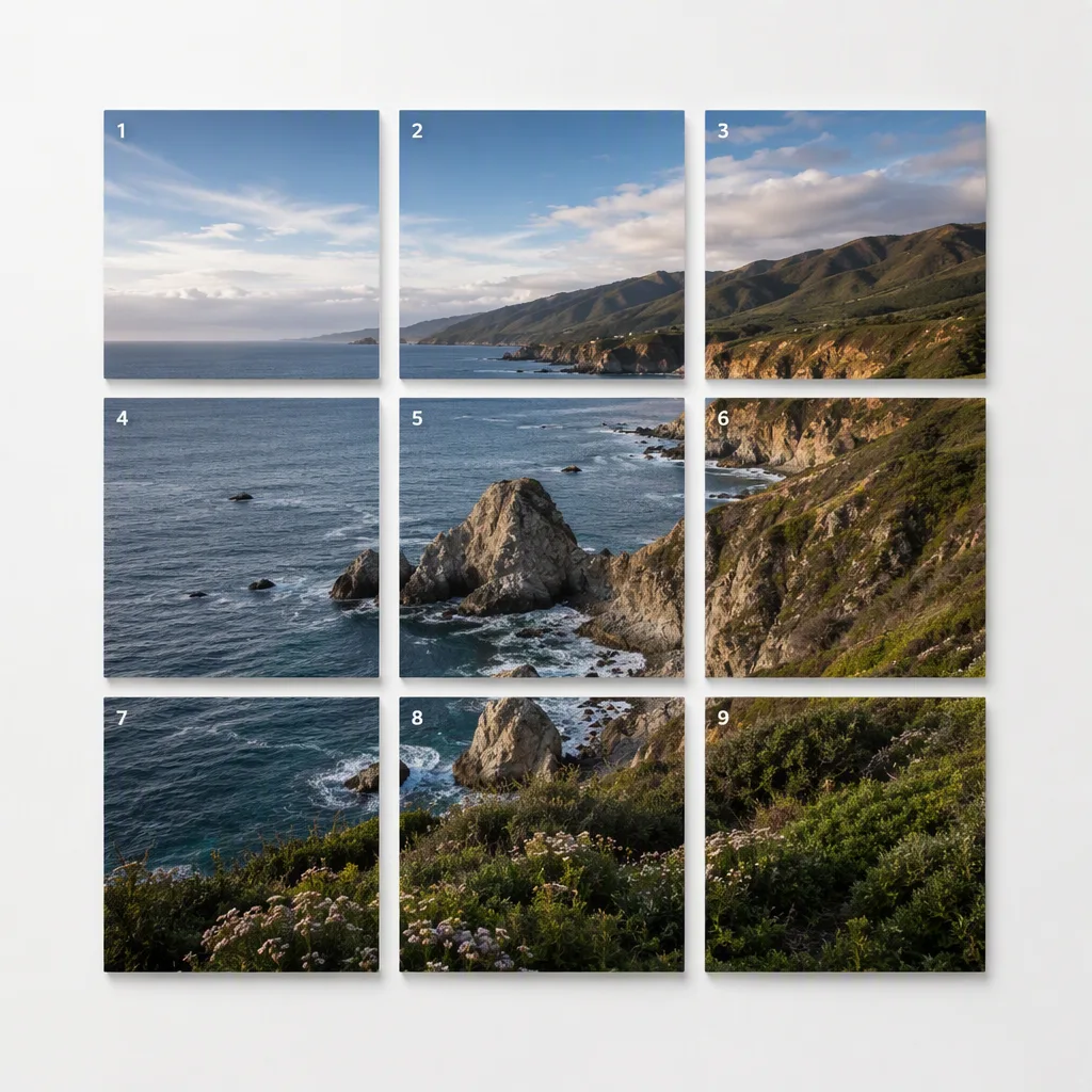 Coastal photograph split into a 3 by 3 image splitter grid