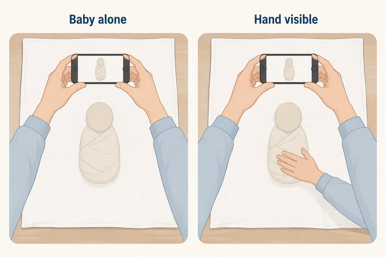 Illustrated baby passport photo setup comparing an overhead photo of an infant alone on a white sheet with a frame that still shows an adult hand