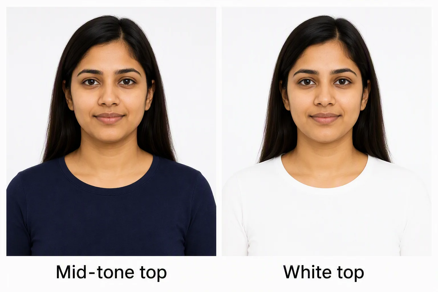 Two passport-style portraits comparing a solid mid-tone top with a white top that blends into a white background