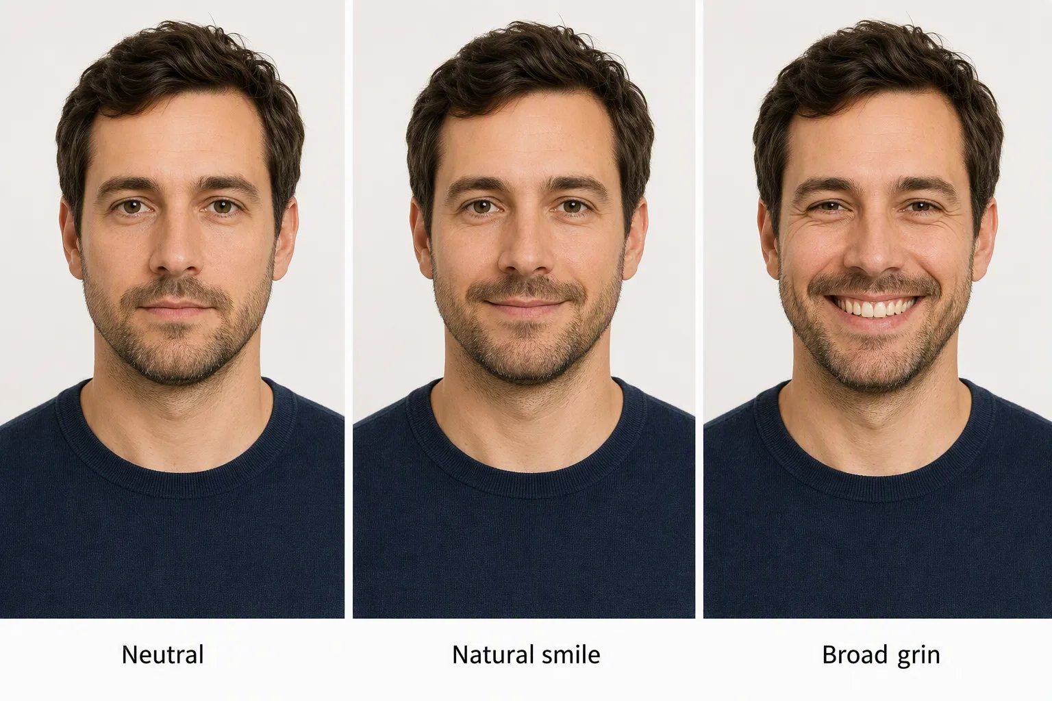 Three passport-style portraits comparing a closed-mouth neutral expression, a small natural smile and a broad grin