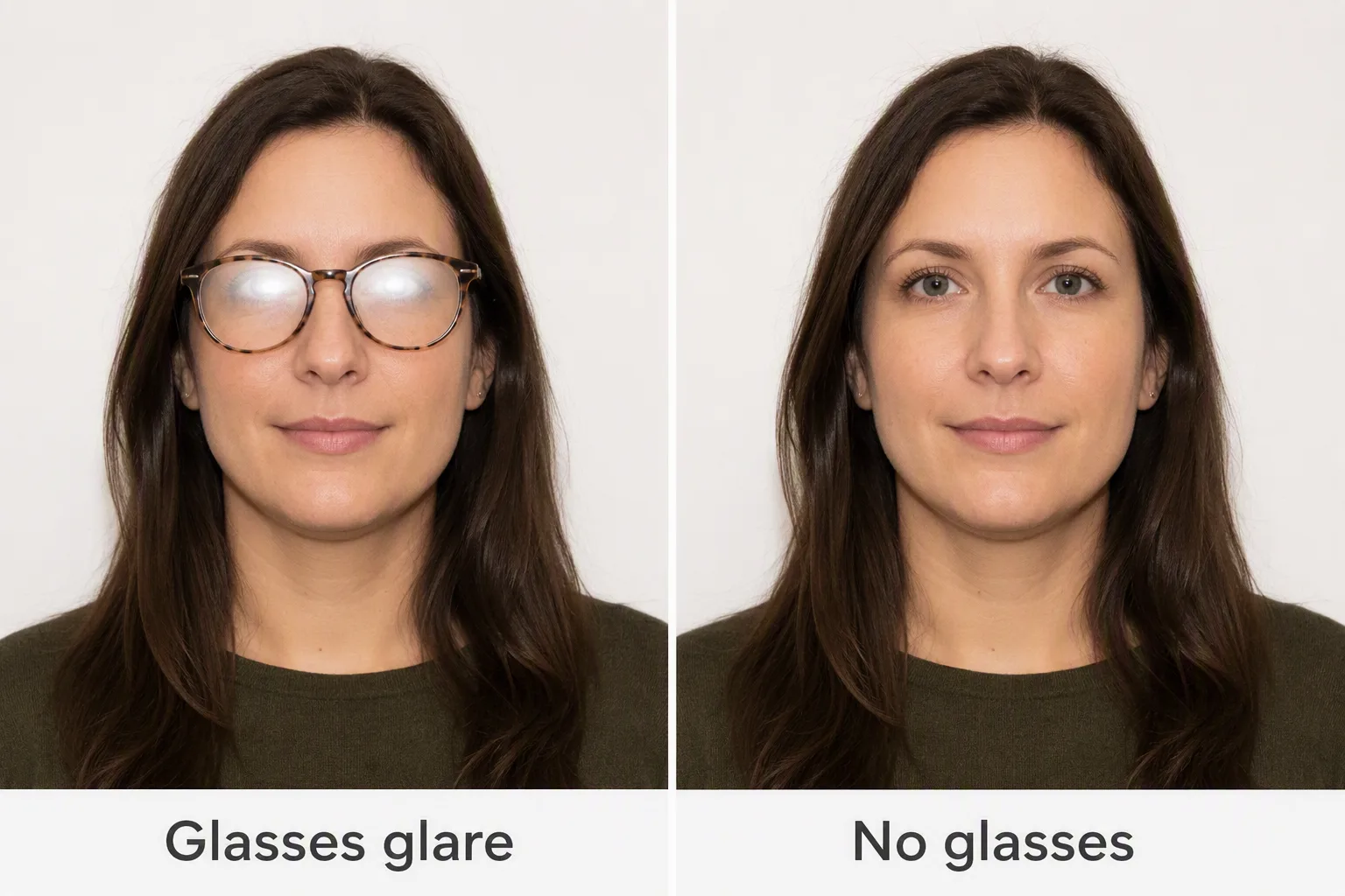 Side-by-side passport portraits showing flash glare on glasses versus the same person with glasses removed