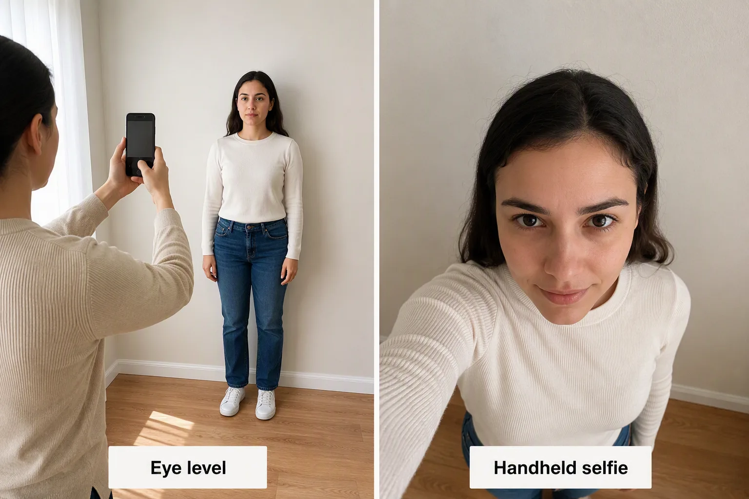 Two home setups for an iPhone passport photo: a second person holding the phone at eye level versus a close high-angle selfie